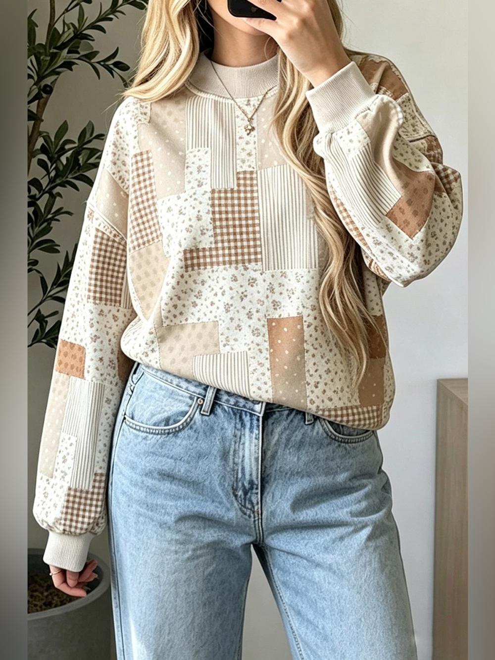 Vintage Patchwork Print Dropped Shoulder Sweatshirt